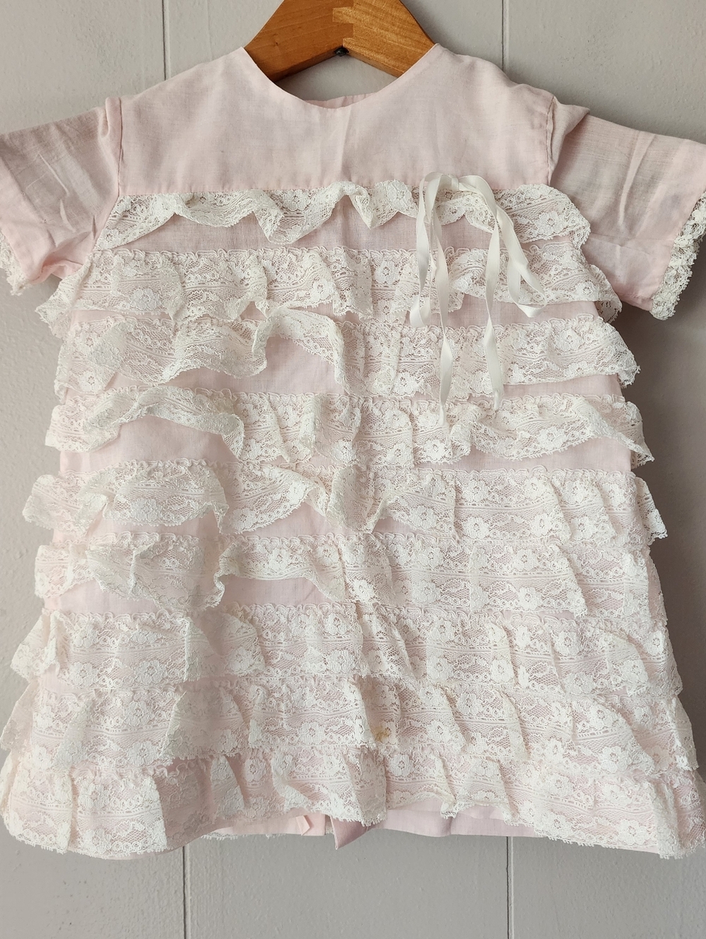 Vintage 60s Baby Dub Pink Lace Dress Tiered Ruffles Christening Baptism Heirloom